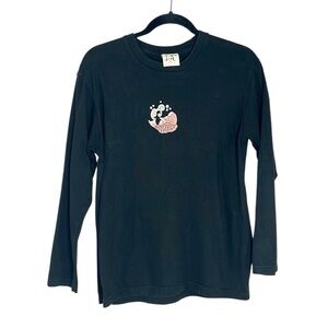 Japanese Art Fish Turtle crane Long Sleeve Black Tee size Large